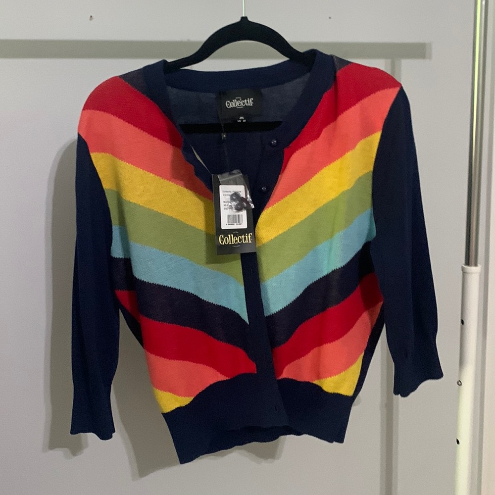 Collectif navy rainbow cardigan 2xl - from unique vintage